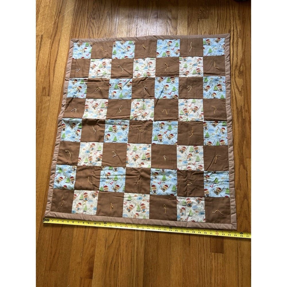 Handmade Baby Quilt Fishing Theme Brown Blue Patchwork 36x36 Tied Quilt